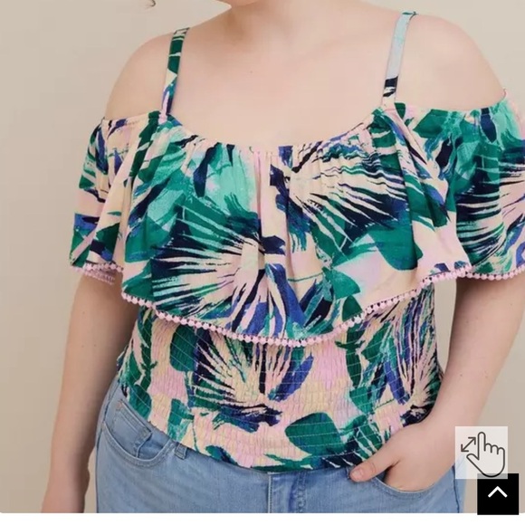 Torrid 5X Floral Off-Shoulder Top - Green and Pink Tropical Coastal Vacation - Picture 1 of 15